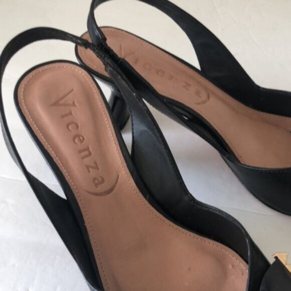 Anthropologie Vicenza Cartagena Sling Back Knot Black Leather Heels Sz 39 - Picture 7 of 12